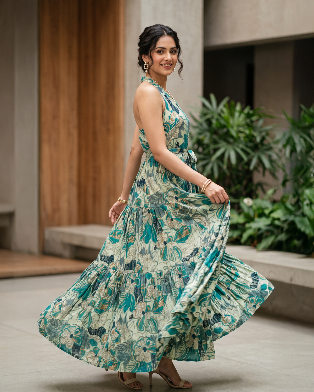 Floral Print Rayon Pearl Work Halter Neck Tiered Maxi Gown