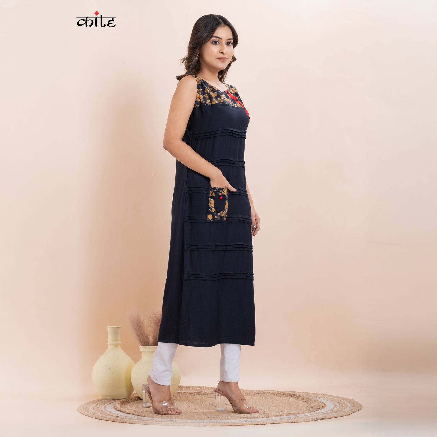 Kite Styles Navy Blue Rayon Pleats Kurti with Floral Yoke & Pocket