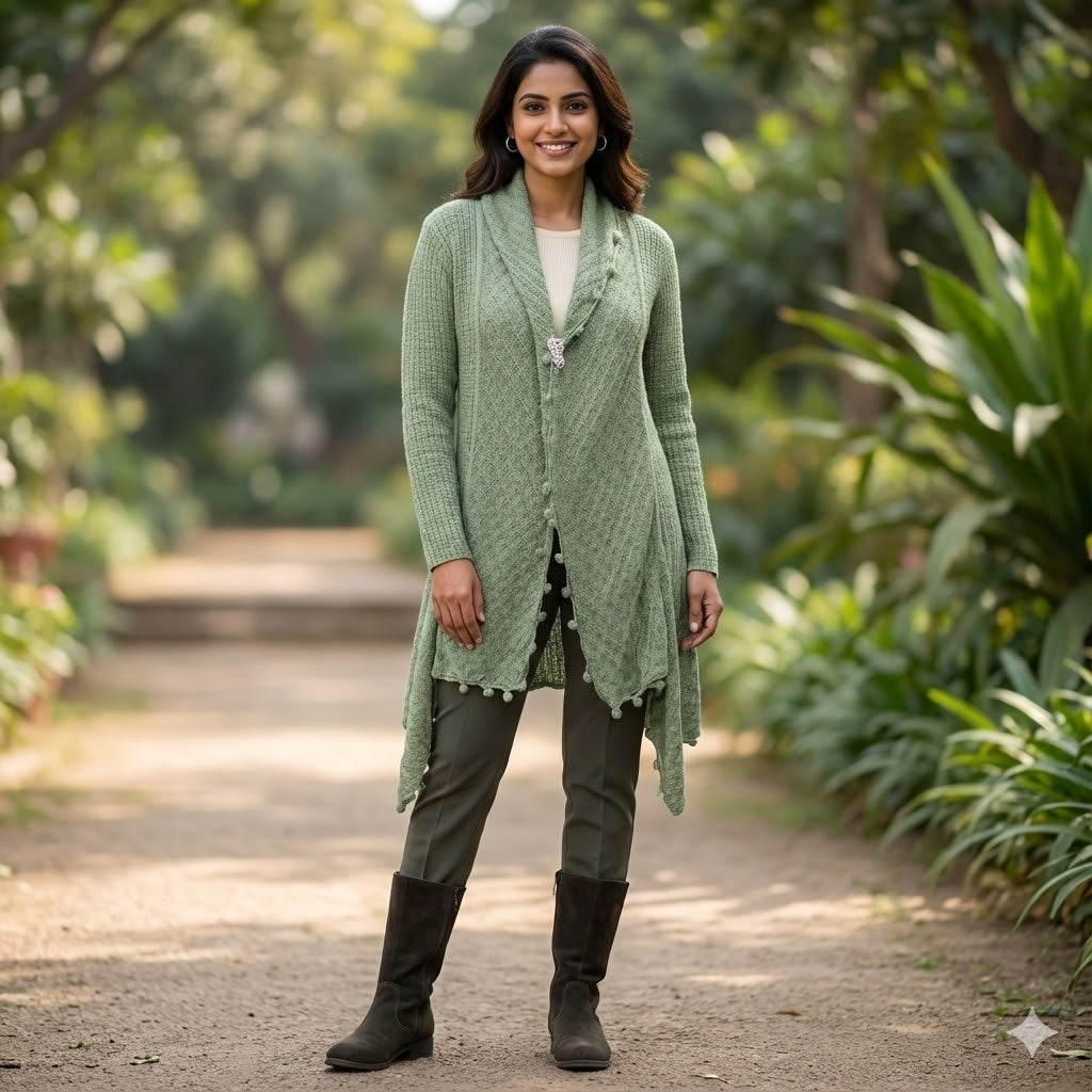 Sage Green Textured Longline Cardigan with Pom-Pom Detail