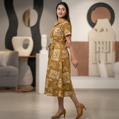 Mustard Tribal Print Cotton Shirt Dress
