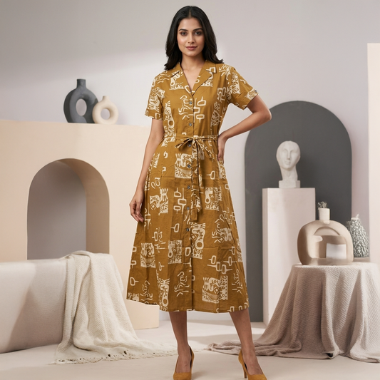 Mustard Tribal Print Cotton Shirt Dress