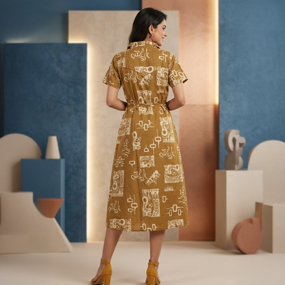 Mustard Tribal Print Cotton Shirt Dress