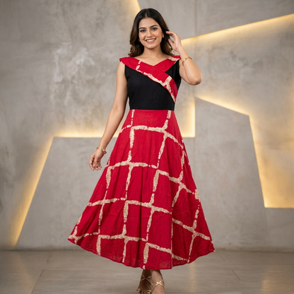 Crimson Trellis Ruffle Neck Fit & Flare Maxi Dress