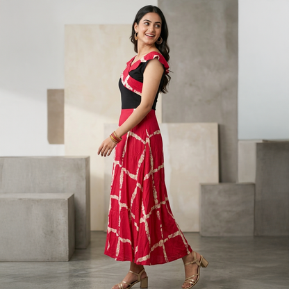 Crimson Trellis Ruffle Neck Fit & Flare Maxi Dress