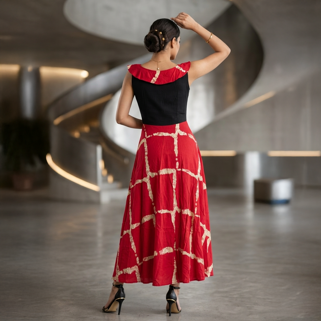 Crimson Trellis Ruffle Neck Fit & Flare Maxi Dress
