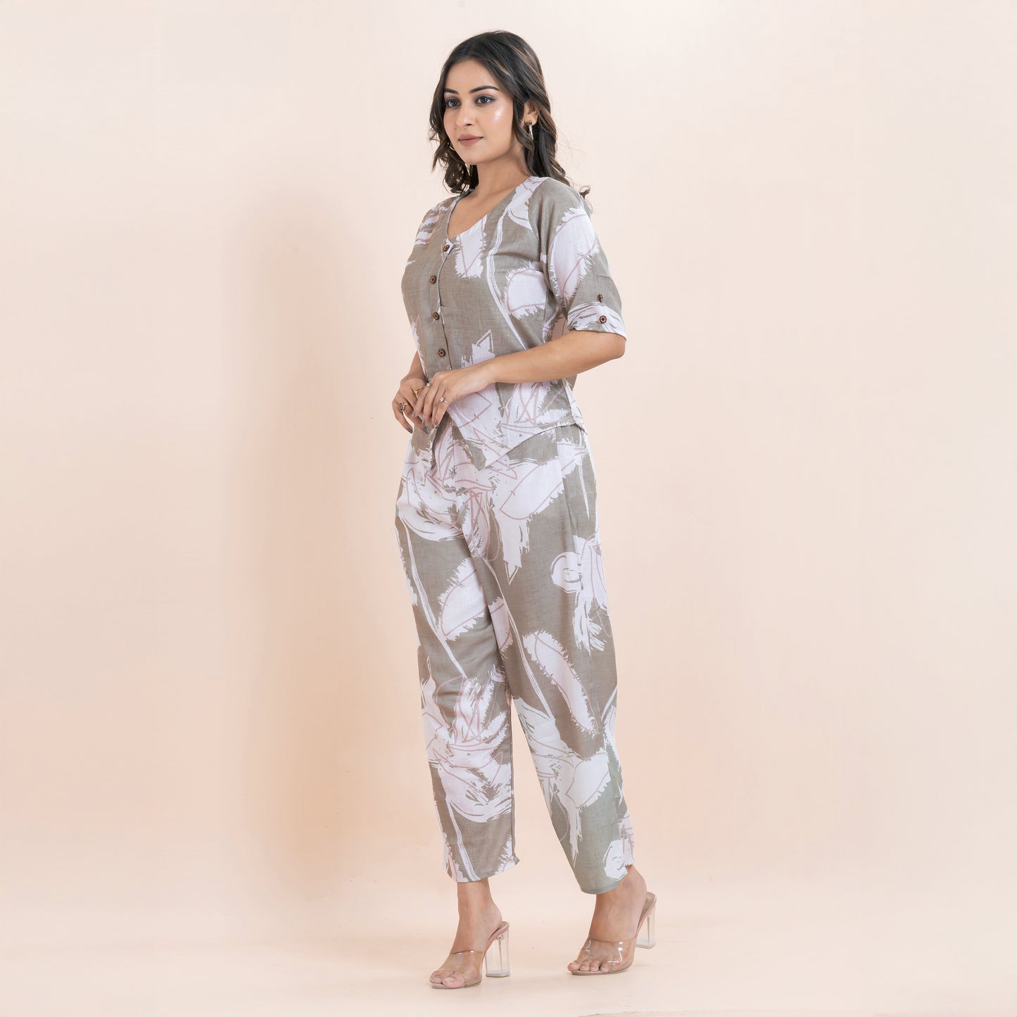 Grey Leaf Print Linen Co-ord Set for Women