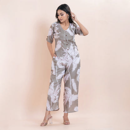 Grey Leaf Print Linen Co-ord Set for Women