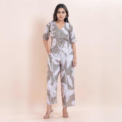 Grey Leaf Print Linen Co-ord Set for Women
