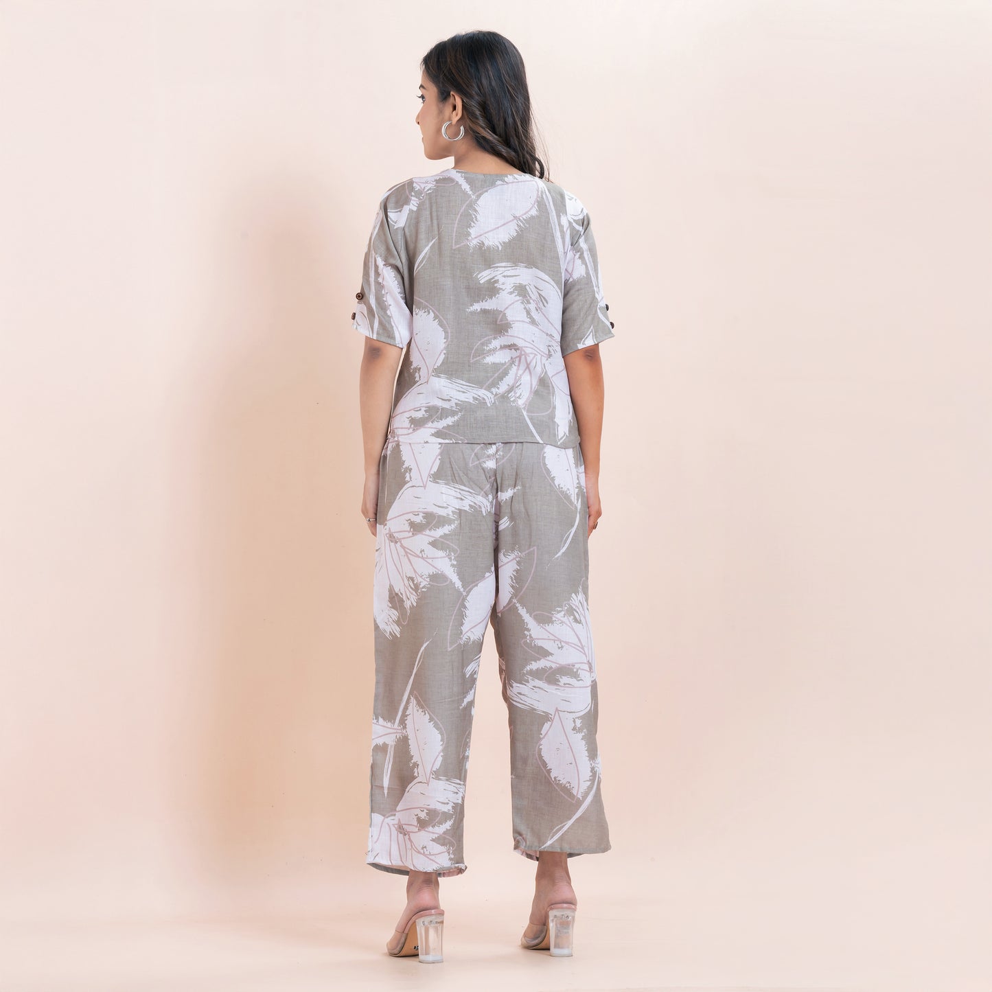 Grey Leaf Print Linen Co-ord Set for Women