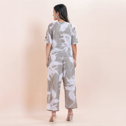 Grey Leaf Print Linen Co-ord Set for Women