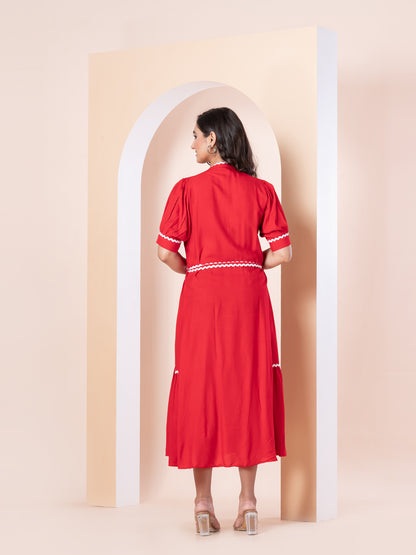 Red Rayon Dress with White Trim
