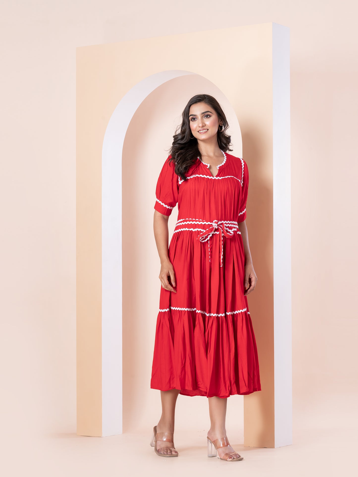 Red Rayon Dress with White Trim