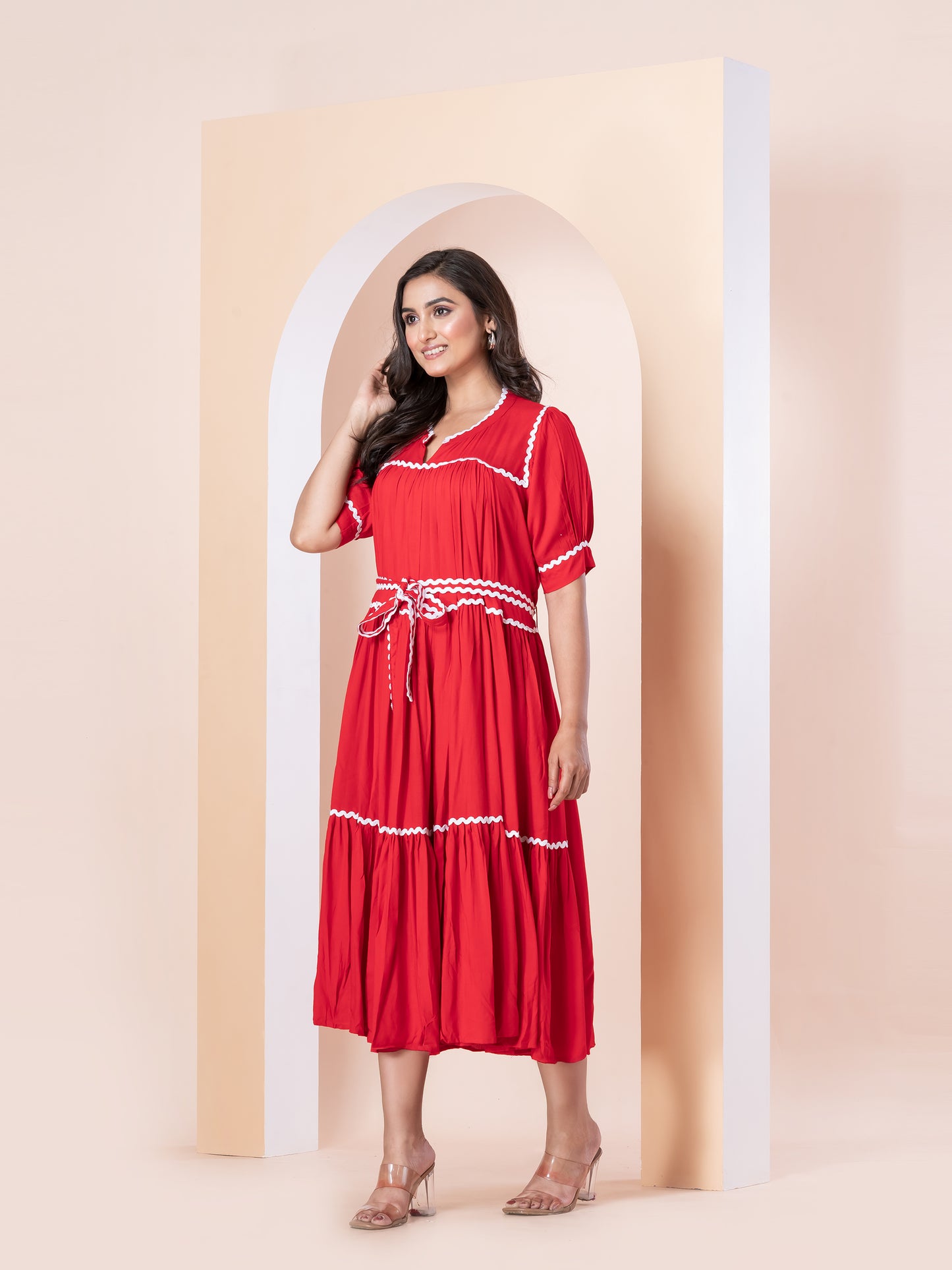 Red Rayon Dress with White Trim