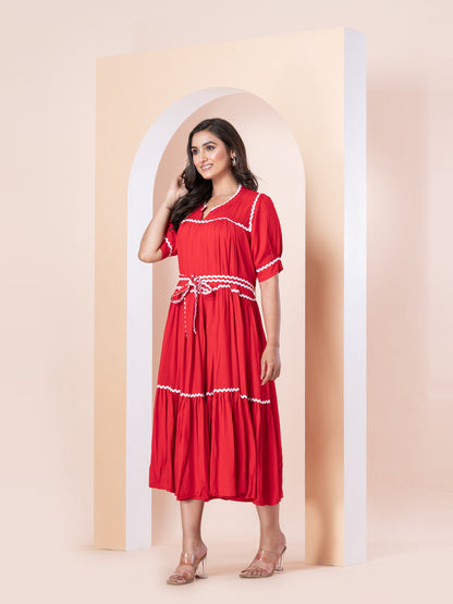 Red Rayon Dress with White Trim