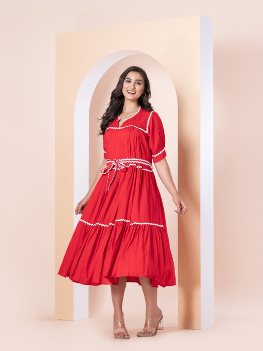 Red Rayon Dress with White Trim