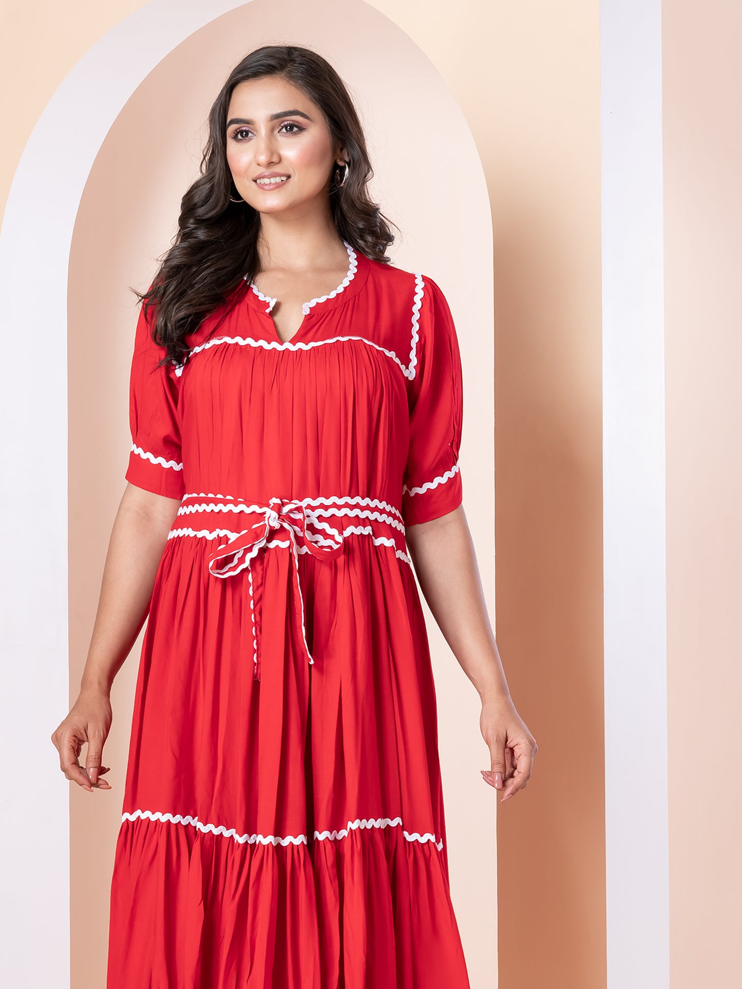 Red Rayon Dress with White Trim