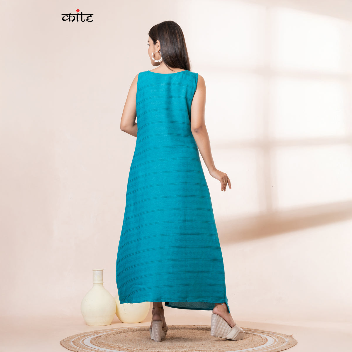 Teal Rayon Sleeveless Long Kurta