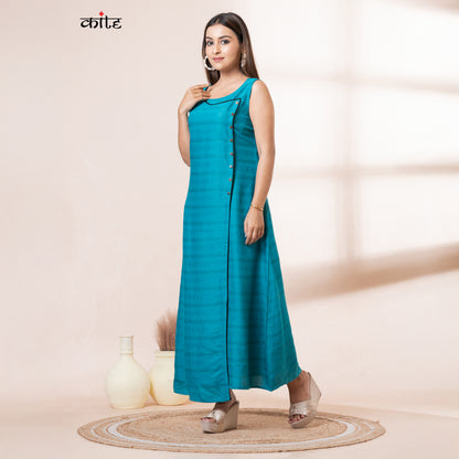 Teal Rayon Sleeveless Long Kurta