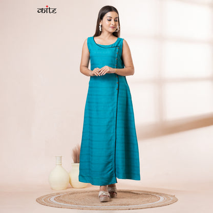 Teal Rayon Sleeveless Long Kurta