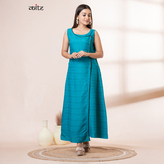 Teal Rayon Sleeveless Long Kurta