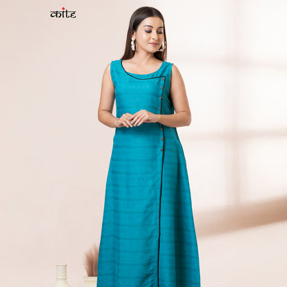 Teal Rayon Sleeveless Long Kurta