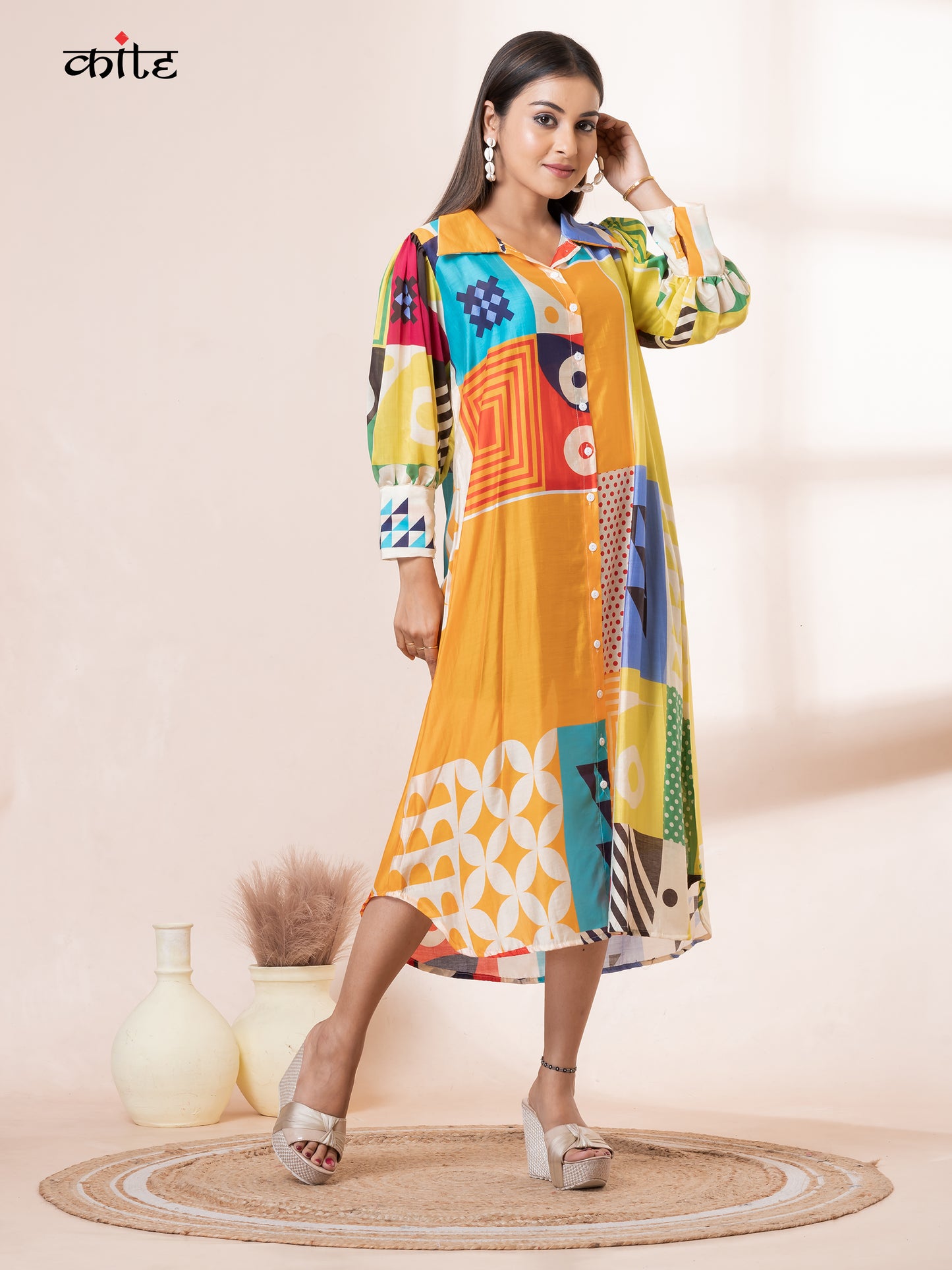 Geo Printed Korean Silk Kurti Shirt collar