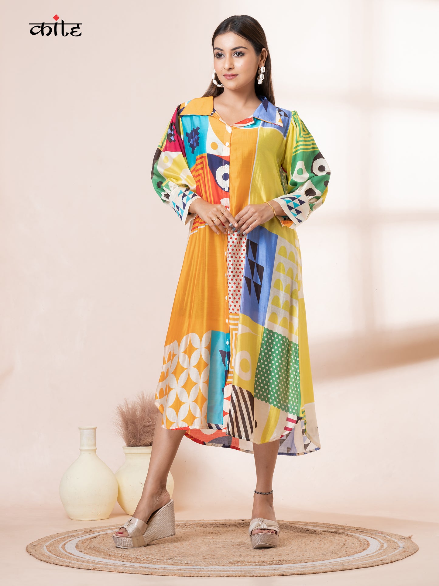 Geo Printed Korean Silk Kurti Shirt collar