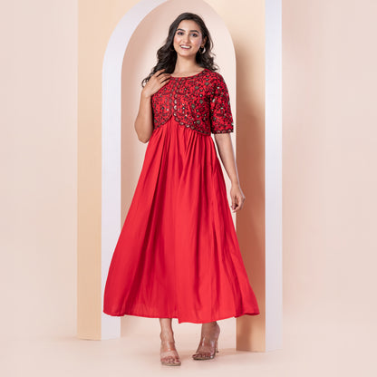 Kite Styles Embroidered Red Flared Dress