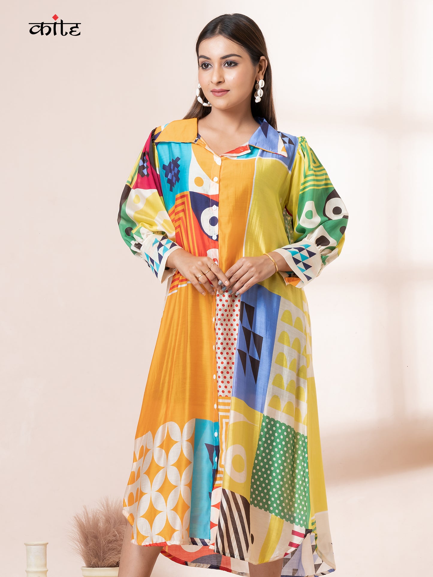 Geo Printed Korean Silk Kurti Shirt collar