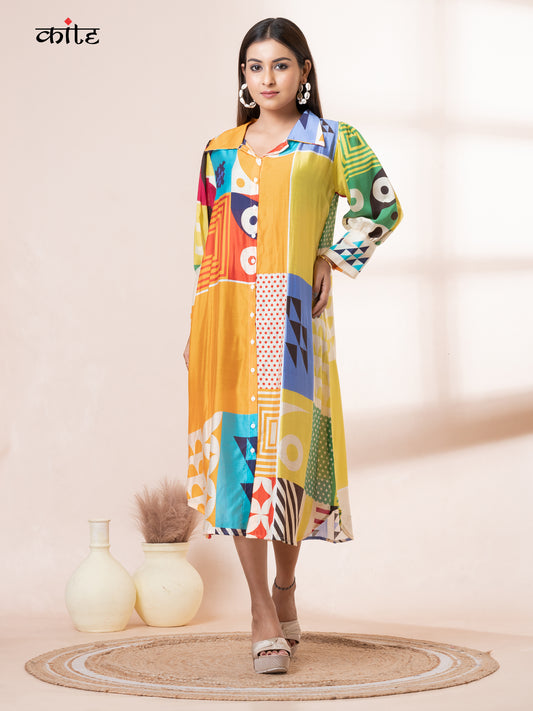 Geo Printed Korean Silk Kurti Shirt collar