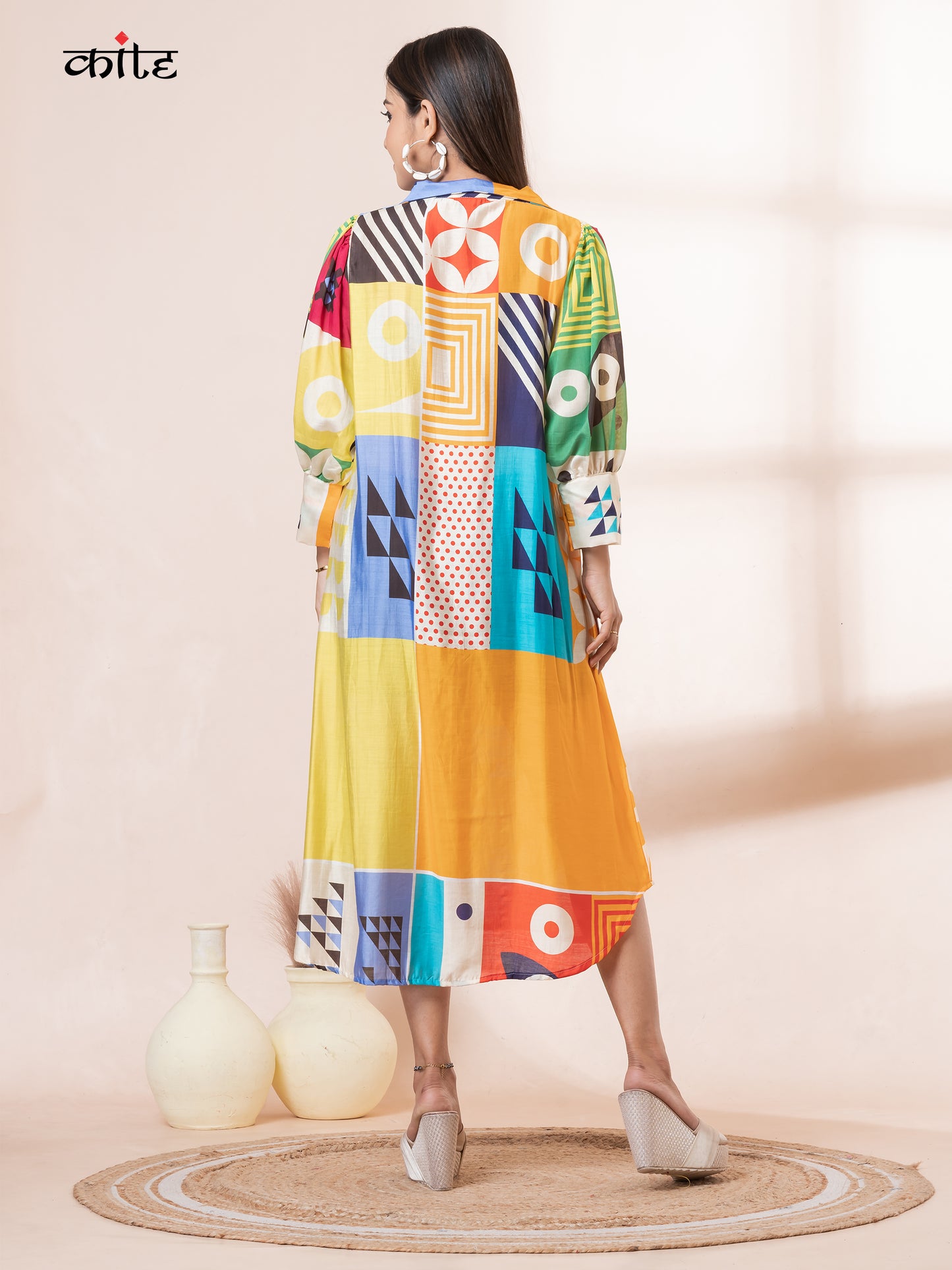 Geo Printed Korean Silk Kurti Shirt collar