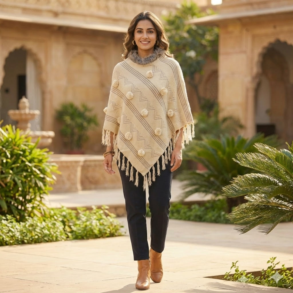 Free Size Beige Knitted Winter Poncho with Faux Fur Collar