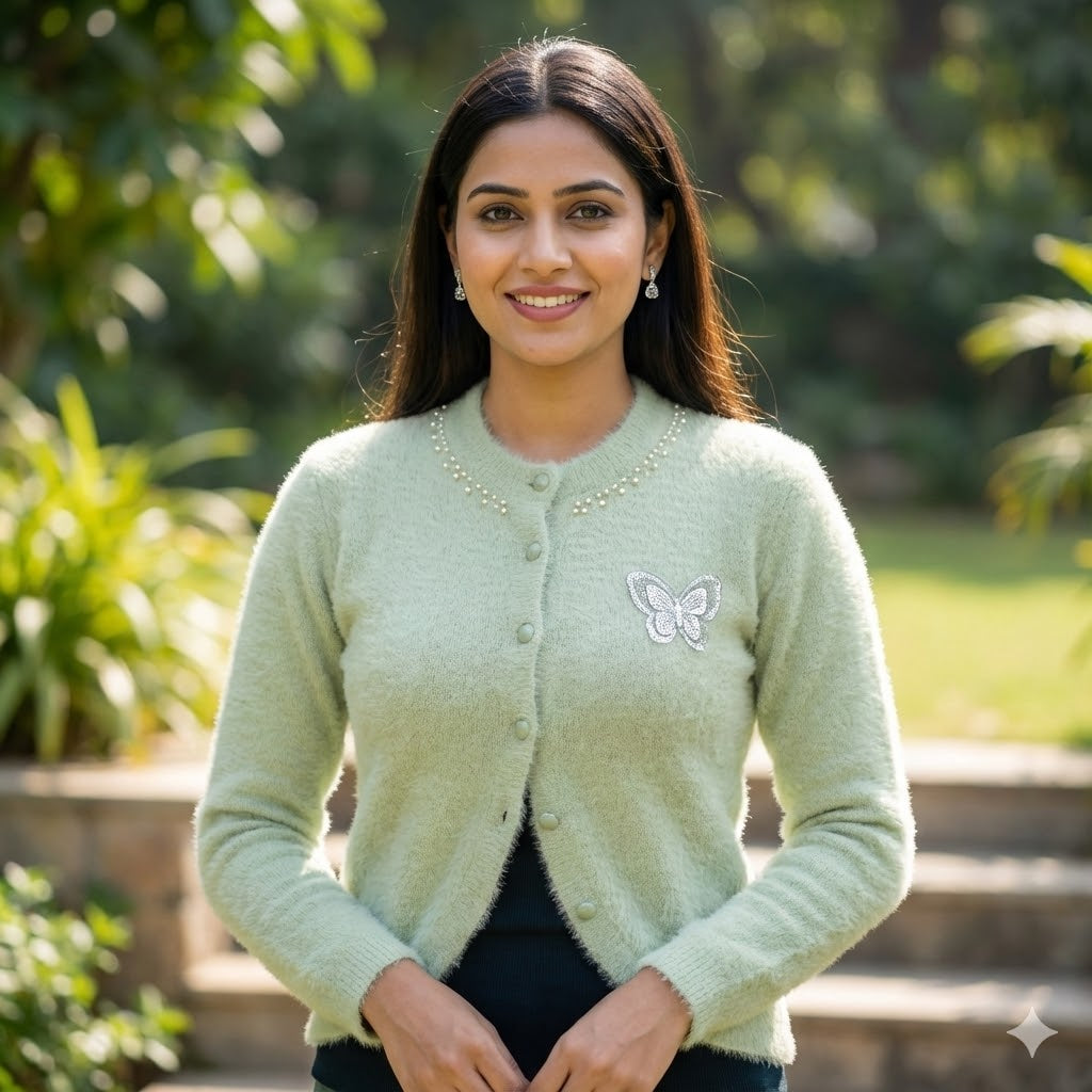 Sage Green Plush Jacket with Pearl & Butterfly Detail