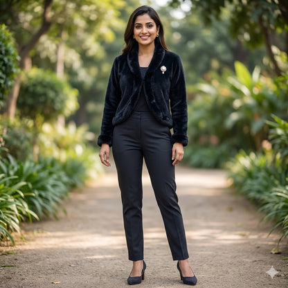 Luxe Black Faux Fur Cropped Jacket – Women’s Formal Winter Wear