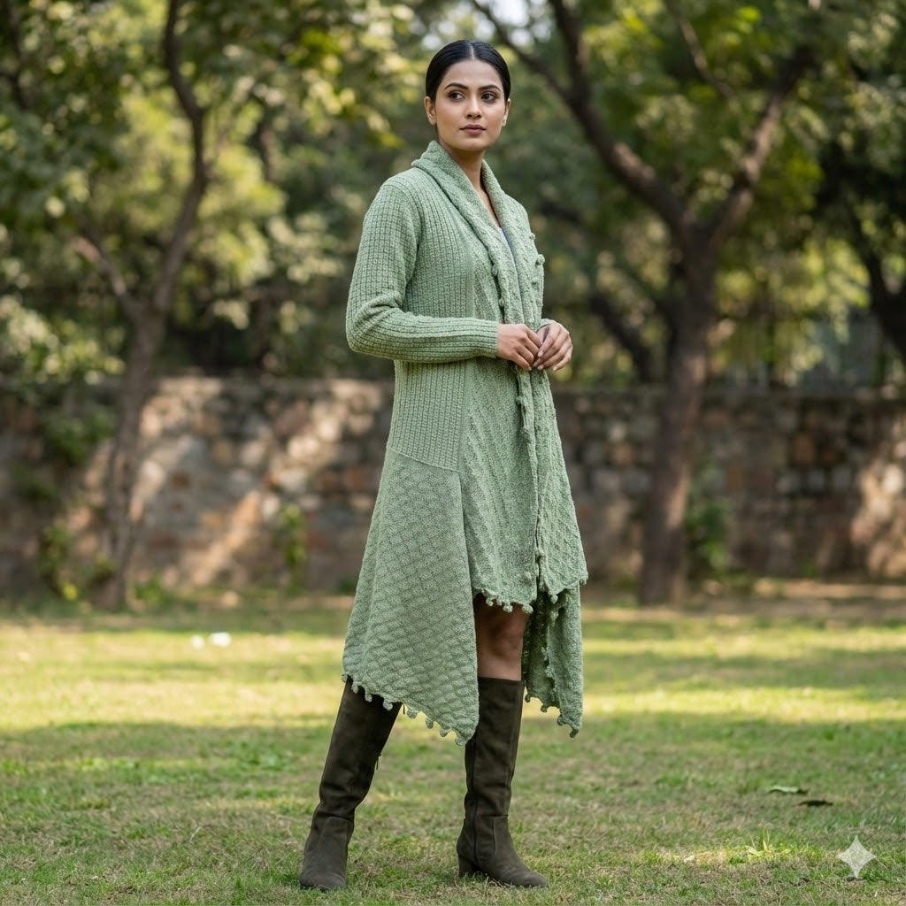 Sage Green Textured Longline Cardigan with Pom-Pom Detail