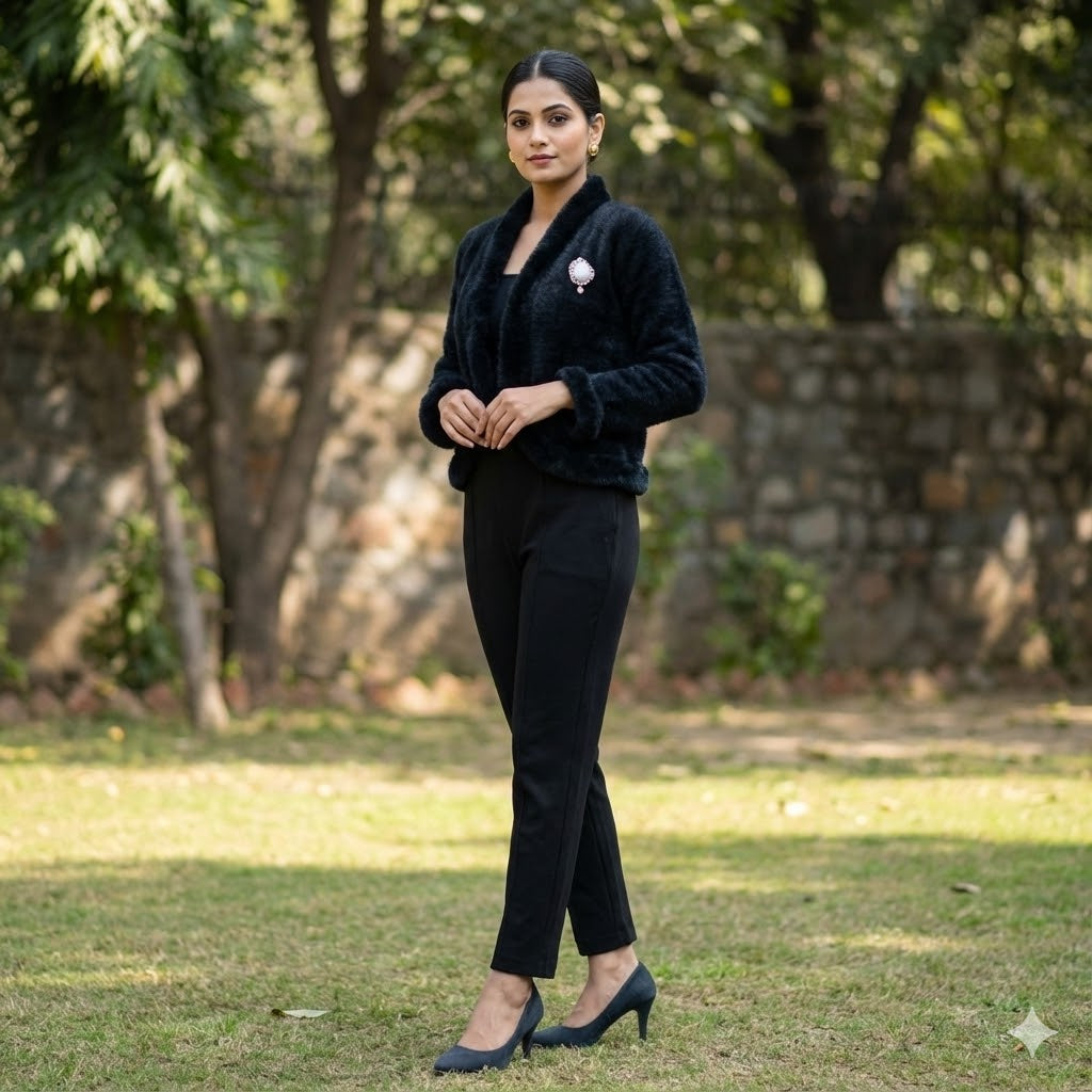 Luxe Black Faux Fur Cropped Jacket – Women’s Formal Winter Wear