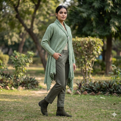Sage Green Textured Longline Cardigan with Pom-Pom Detail