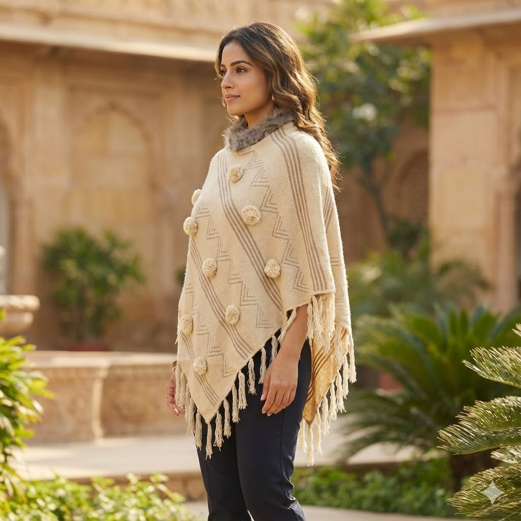 Free Size Beige Knitted Winter Poncho with Faux Fur Collar