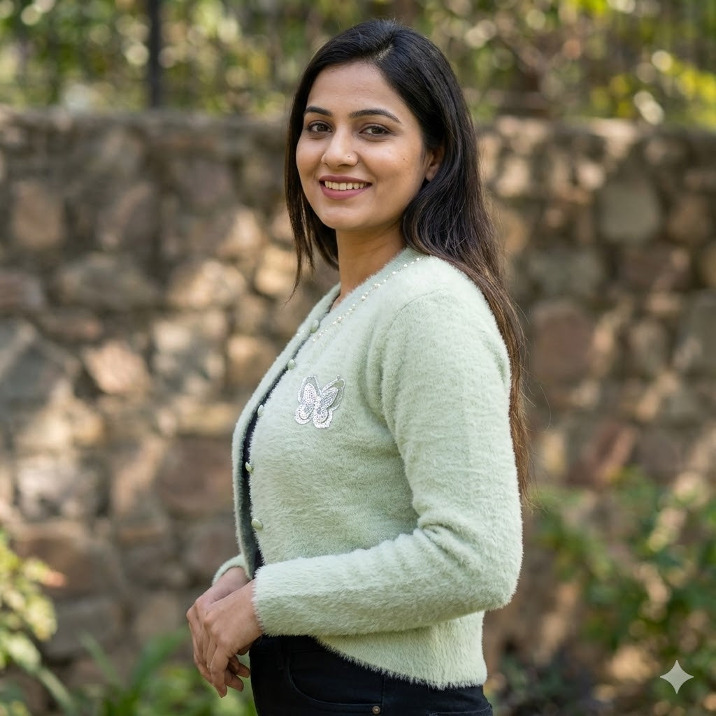 Sage Green Plush Jacket with Pearl & Butterfly Detail