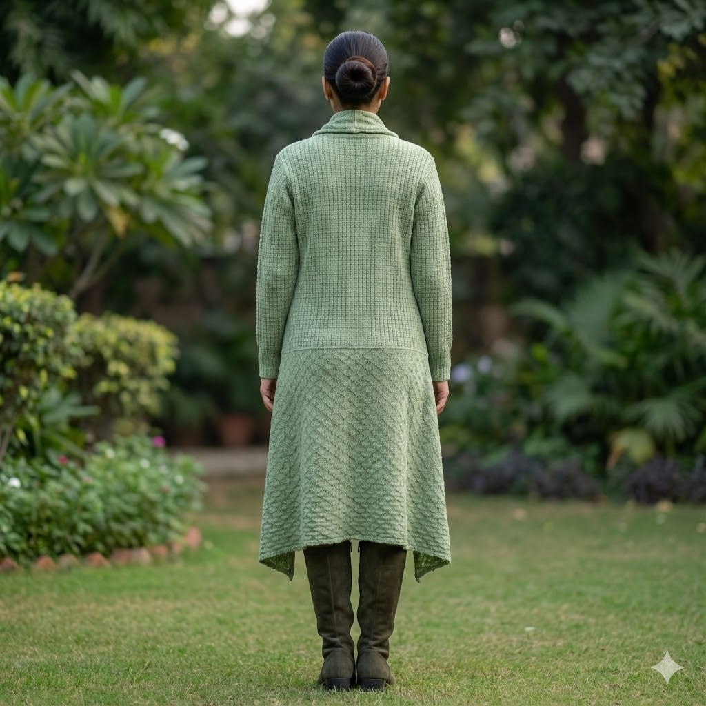 Sage Green Textured Longline Cardigan with Pom-Pom Detail