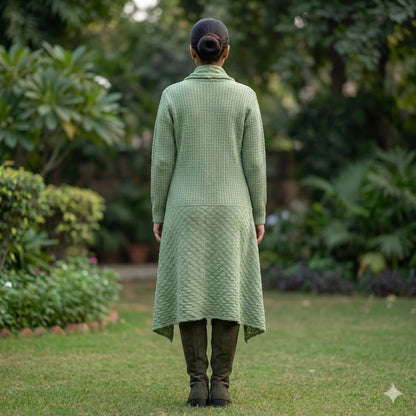 Sage Green Textured Longline Cardigan with Pom-Pom Detail