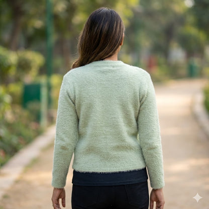 Sage Green Plush Jacket with Pearl & Butterfly Detail