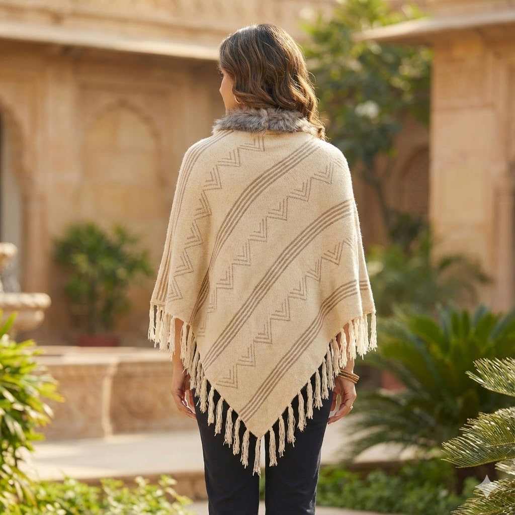 Free Size Beige Knitted Winter Poncho with Faux Fur Collar