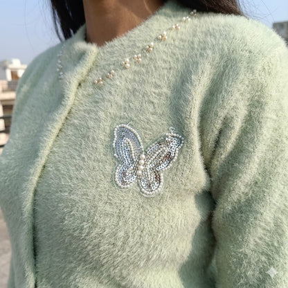 Sage Green Plush Jacket with Pearl & Butterfly Detail