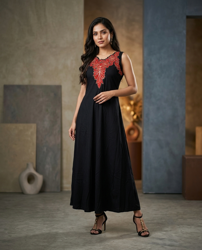 Rayon Floral Applique Sleeveless Flared Maxi Gown