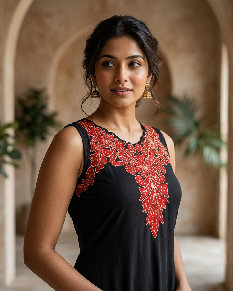 Rayon Floral Applique Sleeveless Flared Maxi Gown