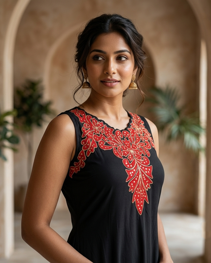Rayon Floral Applique Sleeveless Flared Maxi Gown