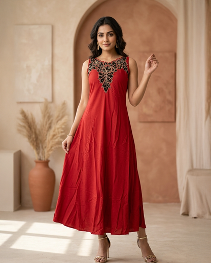 Rayon Floral Applique Sleeveless Flared Maxi Gown