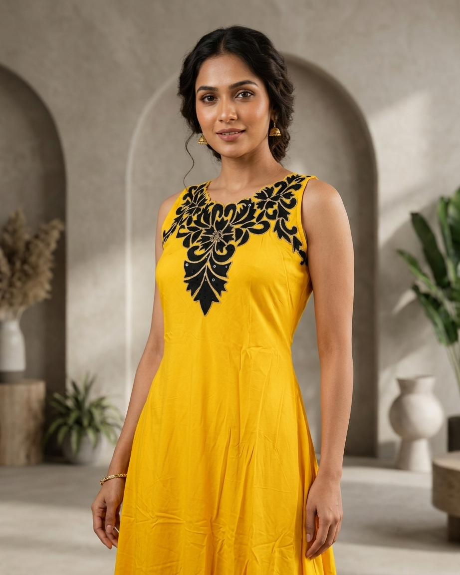 Rayon Floral Applique Sleeveless Flared Maxi Gown