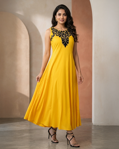 Rayon Floral Applique Sleeveless Flared Maxi Gown